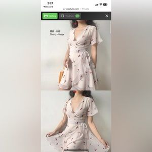 Short-Sleeve V Neck Cherry Print Mini Wrap Dress YESSTYLE